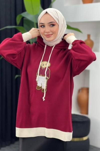 Kapşonlu Ayıcıklı Sweat Bordo