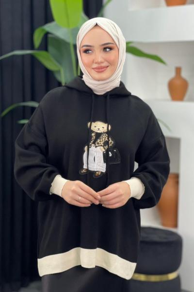 Kapşonlu Ayıcıklı Sweat Siyah
