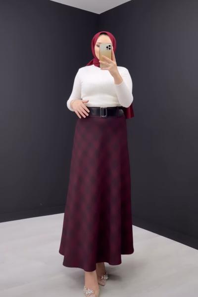 Kare Desenli Etek Bordo