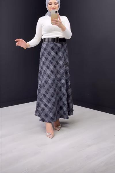 Kare Desenli Etek Gri