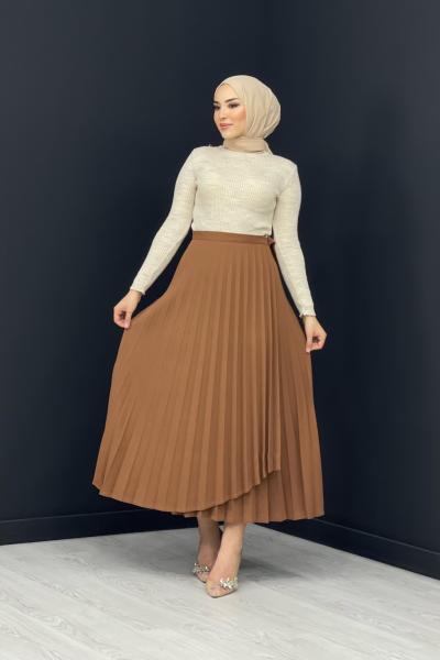 Kat Detaylı Etek Acı Kahve