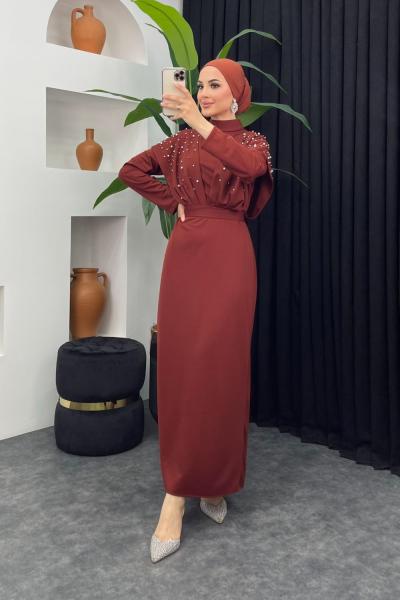 Kavin İncili Kalem Elbise Bordo