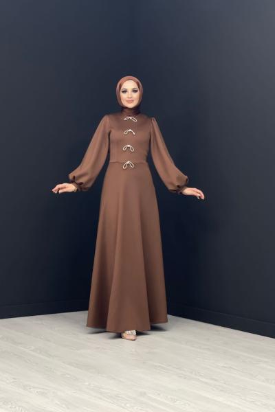 Kelebek Detay Scuba Elbise Kahverengi