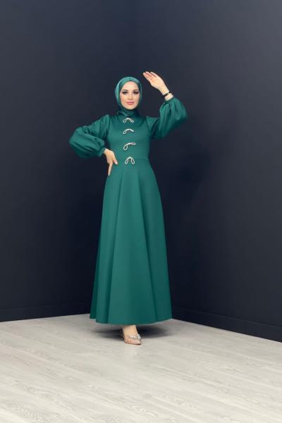 Kelebek Detay Scuba Elbise Zümrüt