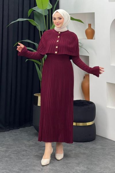 Kelebek Pelerinli Elbise Bordo