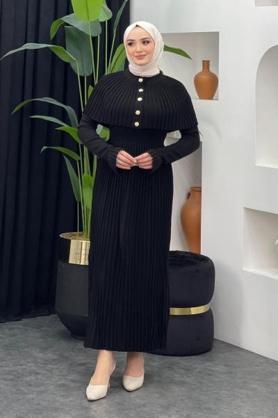 Kelebek Pelerinli Elbise Siyah