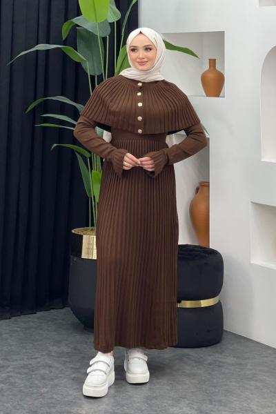 Kelebek Pelerinli Elbise Kahverengi