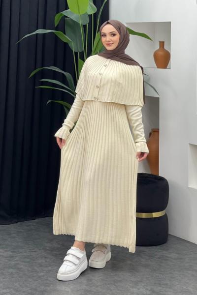 Kelebek Pelerinli Elbise Ekru/Beyaz