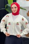 Kirazlı Hırka Ekru/Beyaz