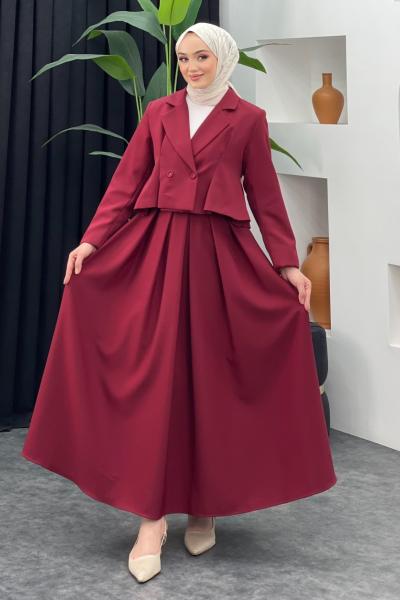Kısa Ceket Etekli Takım Bordo