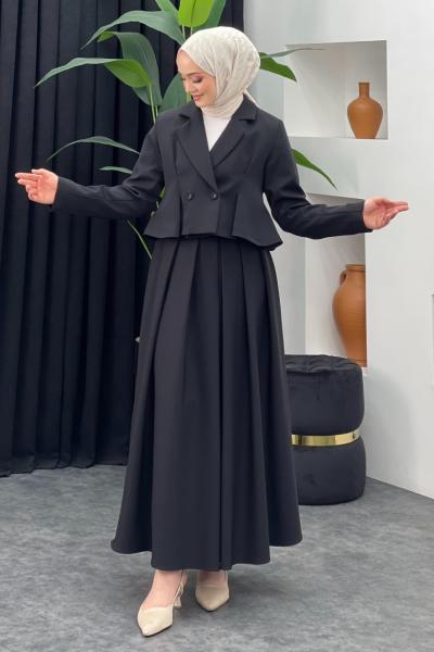 Kısa Ceket Etekli Takım Siyah