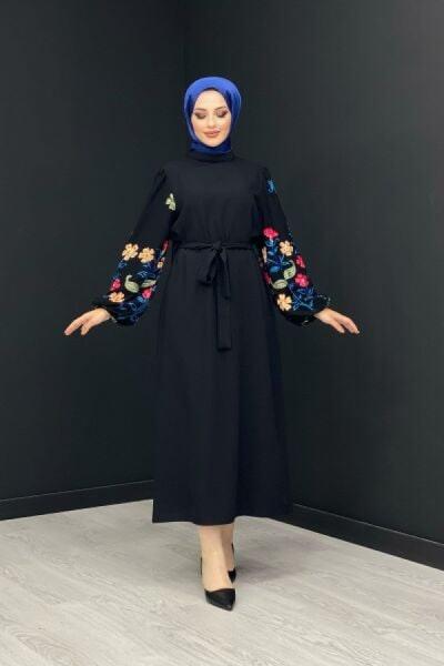 Kolu Dantelli Şifon Elbise Siyah