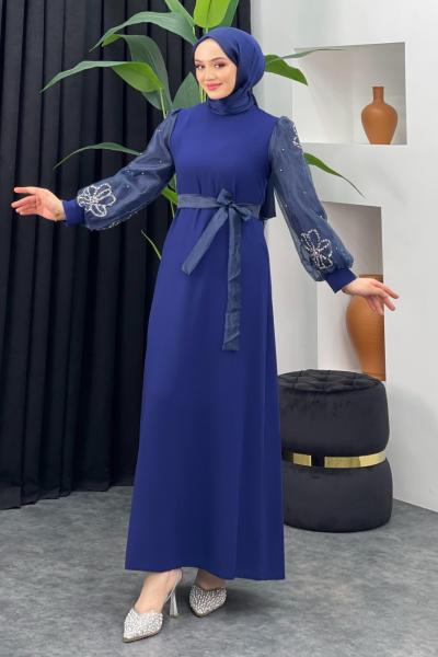 Kolu Gül Detaylı Abiye Lacivert