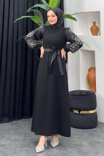 Kolu Gül Detaylı Abiye Siyah