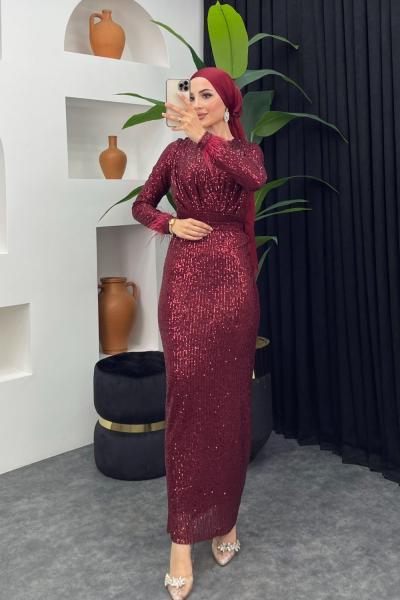 Leman Payetli Abiye Bordo