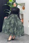 Leopar Desenli Şifon Etek Yeşil