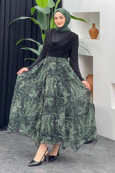 Leopar Desenli Şifon Etek Yeşil