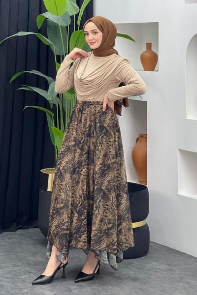 Leopar Desenli Şifon Etek Vizon