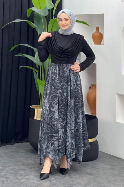 Leopar Desenli Şifon Etek Gri