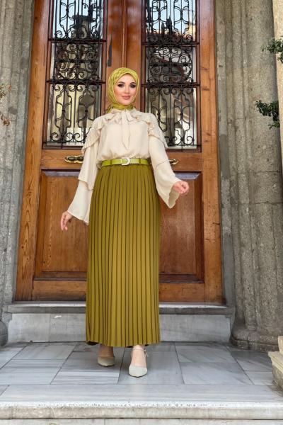 Mehir Pileli Etek Fıstık Yeşili