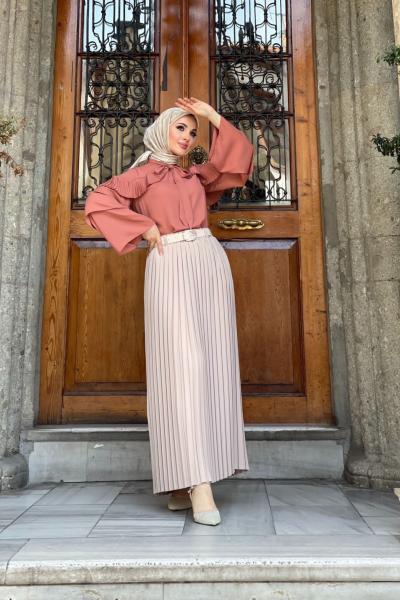 Mehir Pileli Etek Taş Rengi