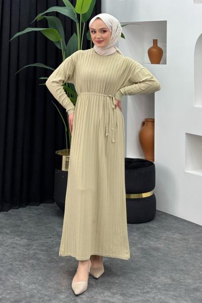 Merserize Çizgili Elbise Taş Rengi