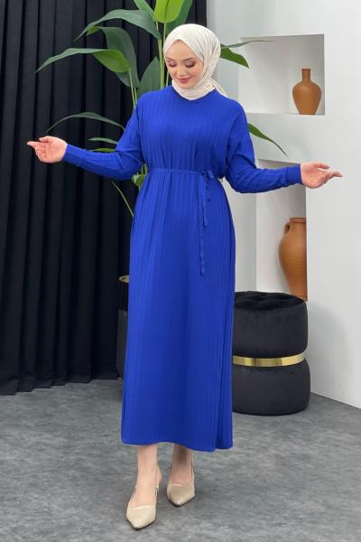 Merserize Çizgili Elbise Saks Mavisi