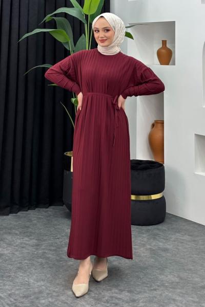 Merserize Çizgili Elbise Bordo