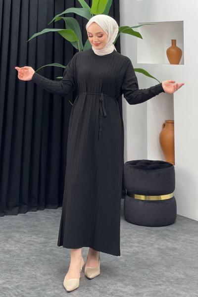 Merserize Çizgili Elbise Siyah