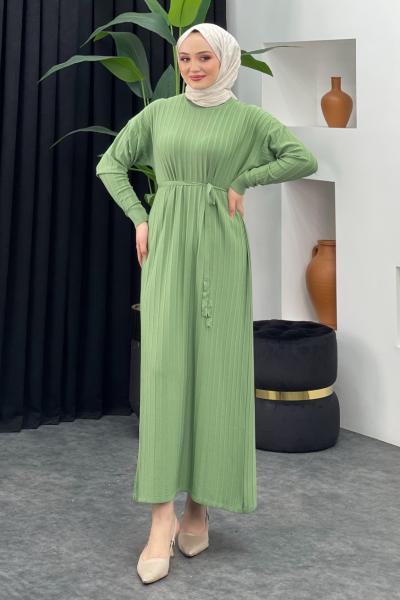Merserize Çizgili Elbise Fıstık Yeşili