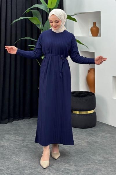 Merserize Çizgili Elbise Lacivert