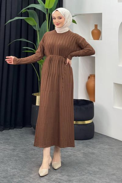 Merserize Düz Elbise Kahverengi