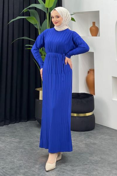 Merserize Düz Elbise Saks Mavisi