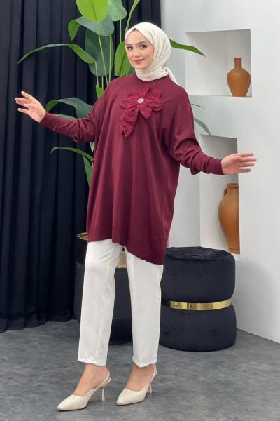 Merserize Gül Detaylı Badi Bordo