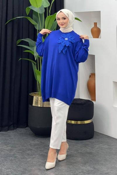 Merserize Gül Detaylı Badi Saks Mavisi