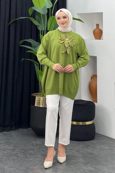 Merserize Gül Detaylı Badi Fıstık Yeşili