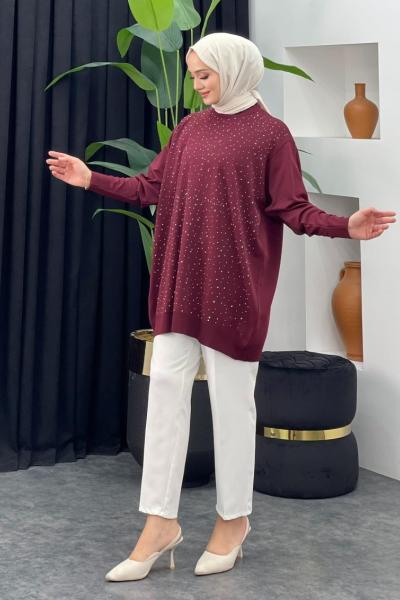 Merserize Taşlı Badi Bordo