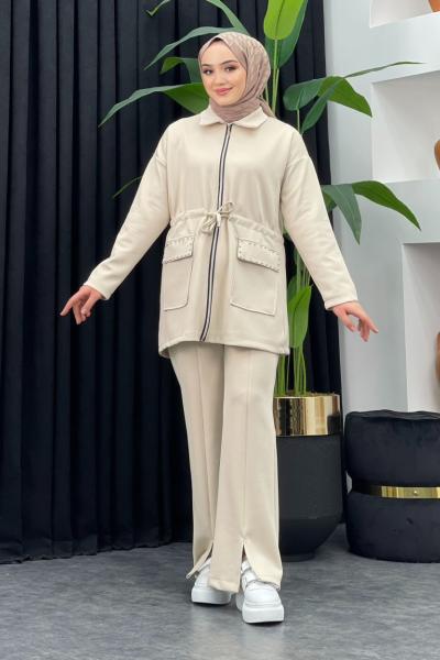 Moda Scuba Pantolonlu Takım Taş Rengi