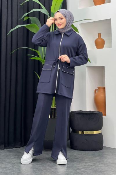 Moda Scuba Pantolonlu Takım Lacivert
