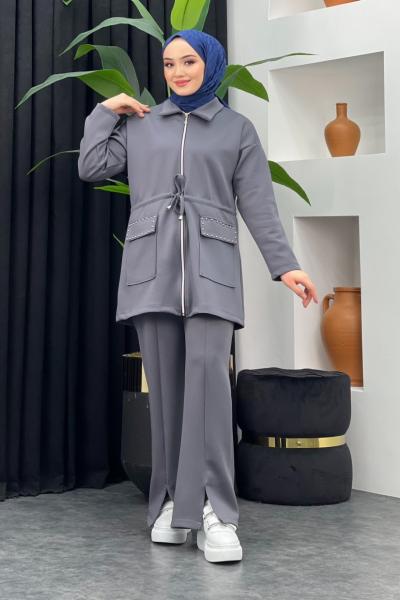 Moda Scuba Pantolonlu Takım Gri