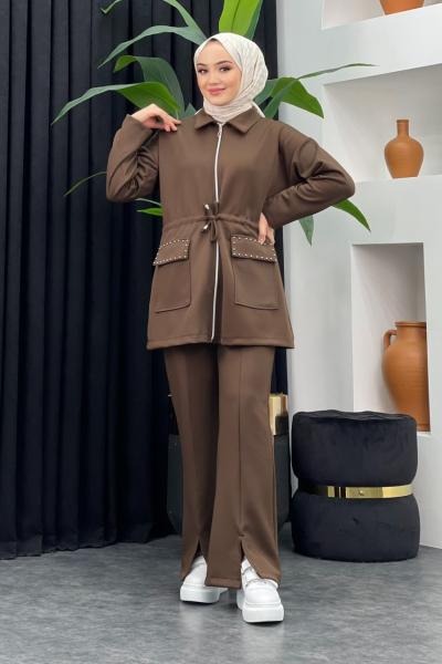 Moda Scuba Pantolonlu Takım Kahverengi