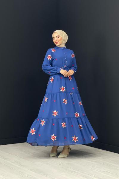 Nakışlı Şifon Elbise Mavi