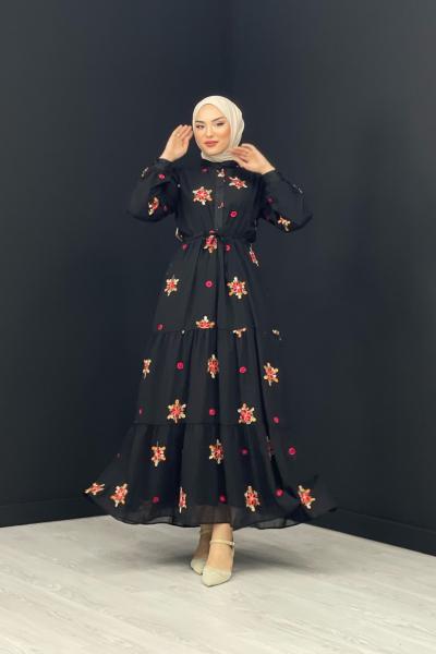 Nakışlı Şifon Elbise Siyah