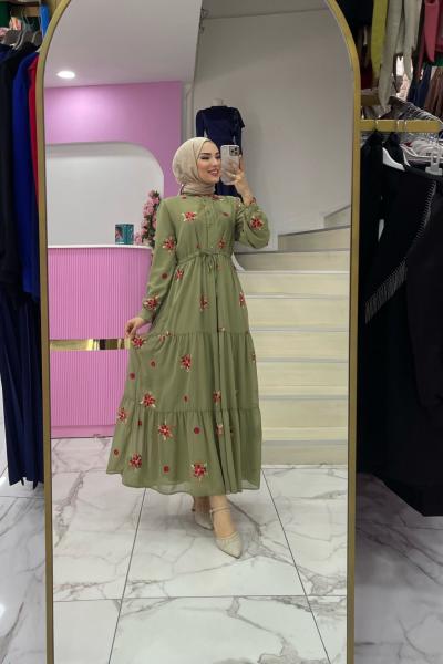 Nakışlı Şifon Elbise Haki Yeşili