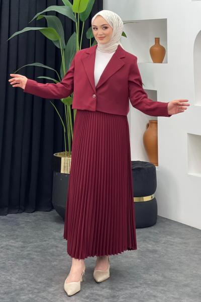 Neşe Ceket Etekli Takım Bordo