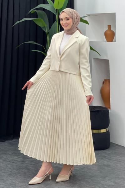 Neşe Ceket Etekli Takım Taş Rengi