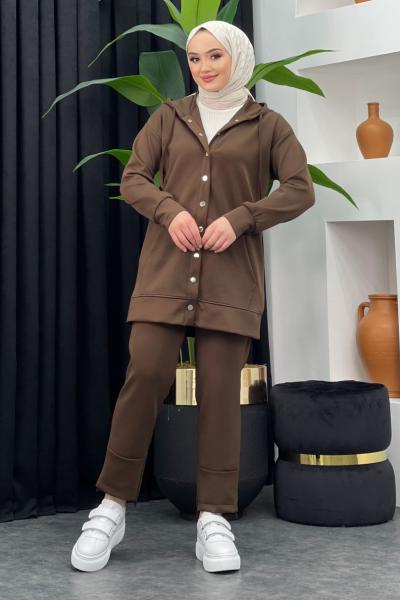 Nida Scuba Pantolonlu Takım Kahverengi