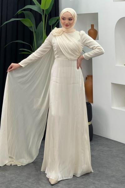 Omzu Güllü Parlak Abiye Ekru/Beyaz