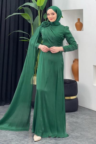 Omzu Güllü Parlak Abiye Zümrüt