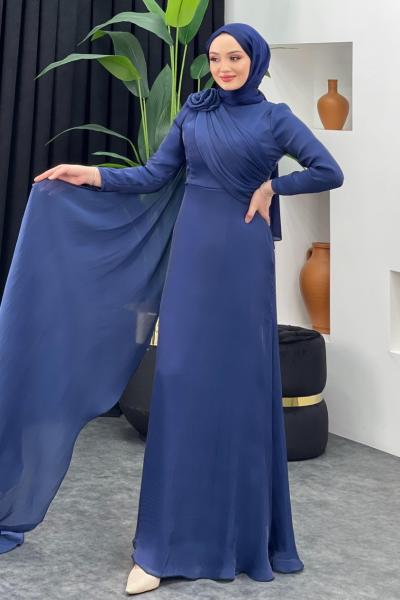 Omzu Güllü Parlak Abiye Lacivert
